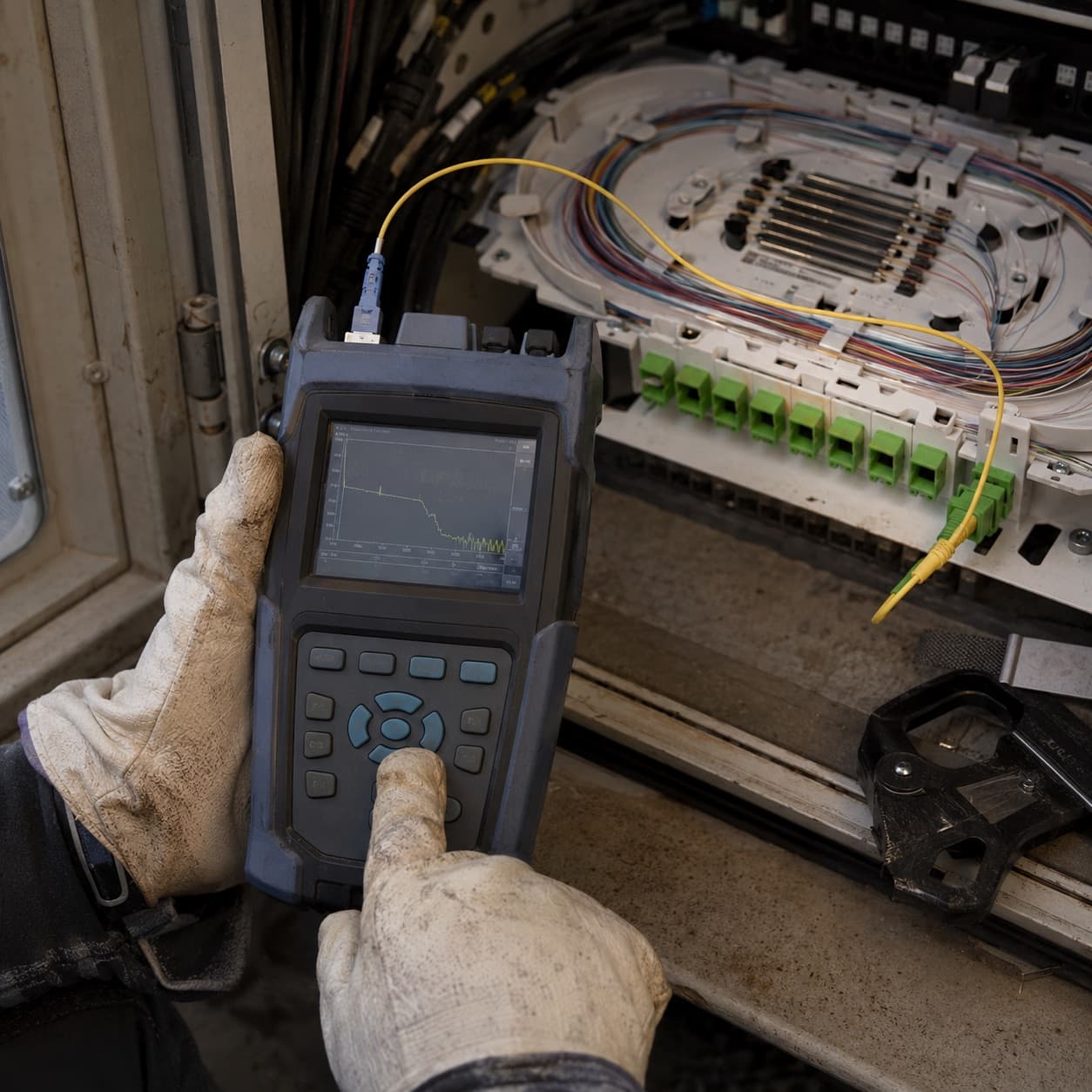 Gloved hands holding an OTDR displaying a live fiber trace, patched into a distribution panel beside an open splice tray of color-coded fibers